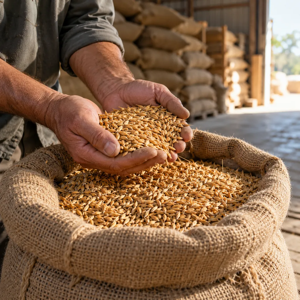 Hands inspecting golden grain during quality selection at an agricultural storage facility