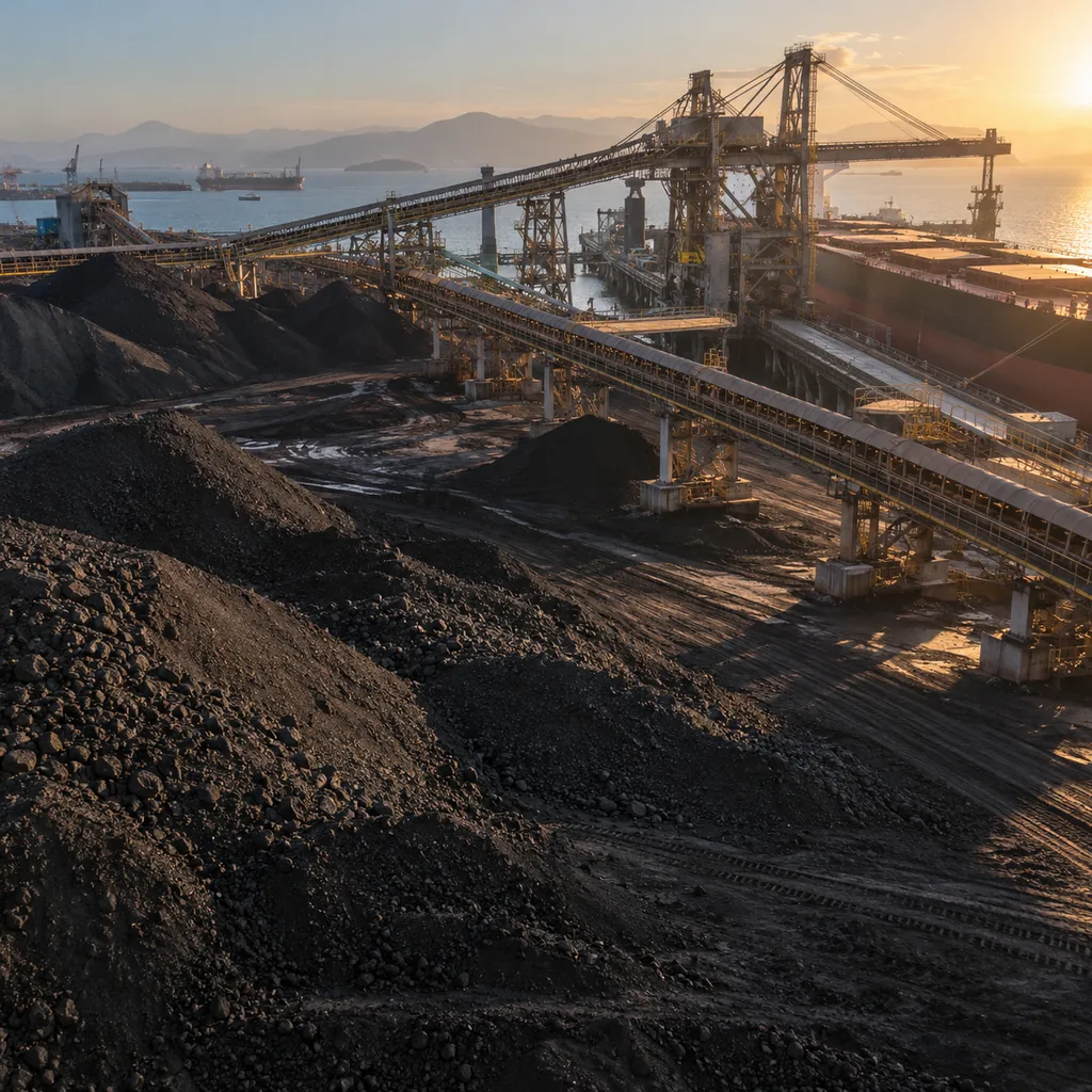 Mineral stockpiles and industrial conveyor systems at a working bulk cargo terminal