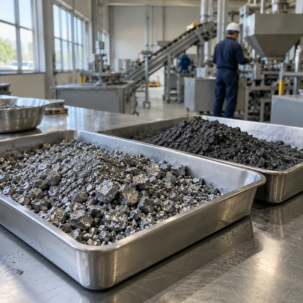 Close view of metallic mineral granules and refined industrial material in a materials handling facility