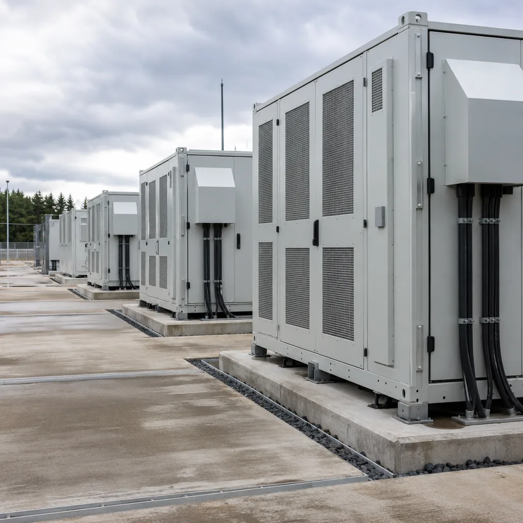 Containerized battery energy storage systems with service walkways at a commercial energy facility