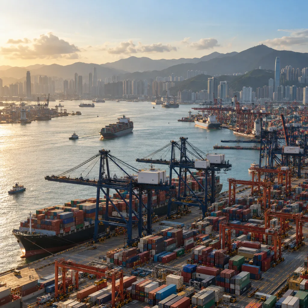 Hong Kong’s container port and working harbor, with cranes, cargo vessels, and the city beyond