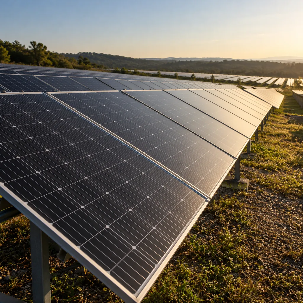 Rows of photovoltaic modules with precise cell patterns at a large solar energy installation
